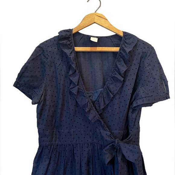 J. Crew Wrap Midi Dress Short Sleeve Nautical Swiss Dot Womens Sz 10 Navy Blue - Picture 4 of 8